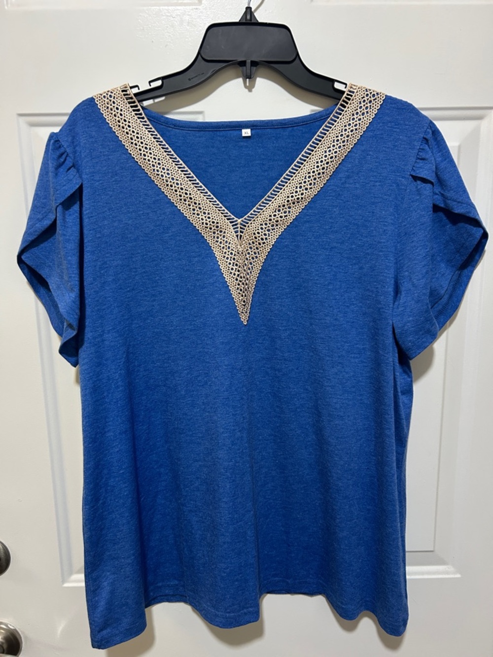 Blue Women's V-Neck Top with Cream Crochet Trim